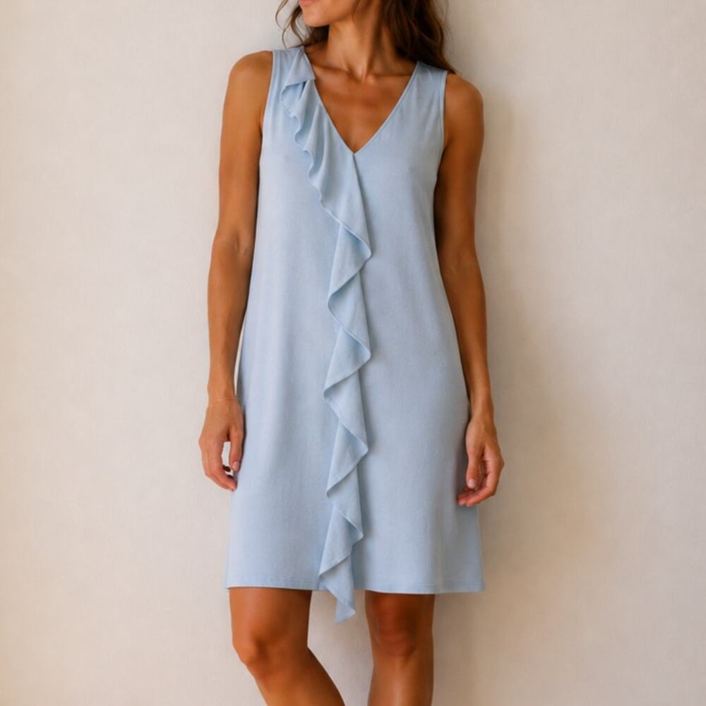 Lilla P Ruffle Front Sleeveless Dress Light Blue Peruvian Jersey Coastal Prep-S